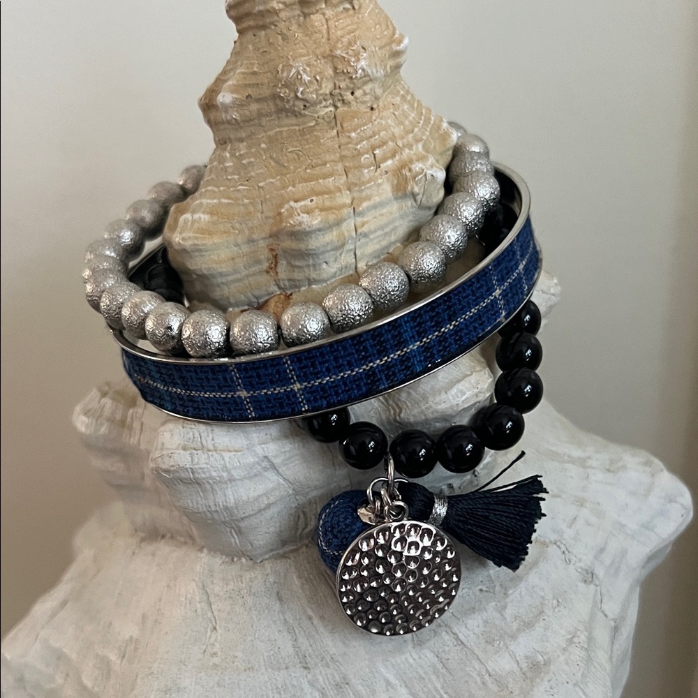 Silver and Black Beaded Bracelet With Blue Plaid Fabric Bangle Set